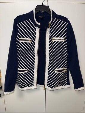 Boston proper Navy and White Striped full zip top Sz L gold tone zipper pockets